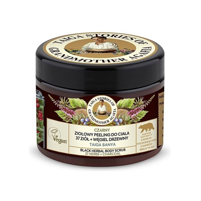 RECEPTY BABUSHKI AGAFI TAIGA STORIES. BLACK HERBAL BODY SCRUB, 300 ML