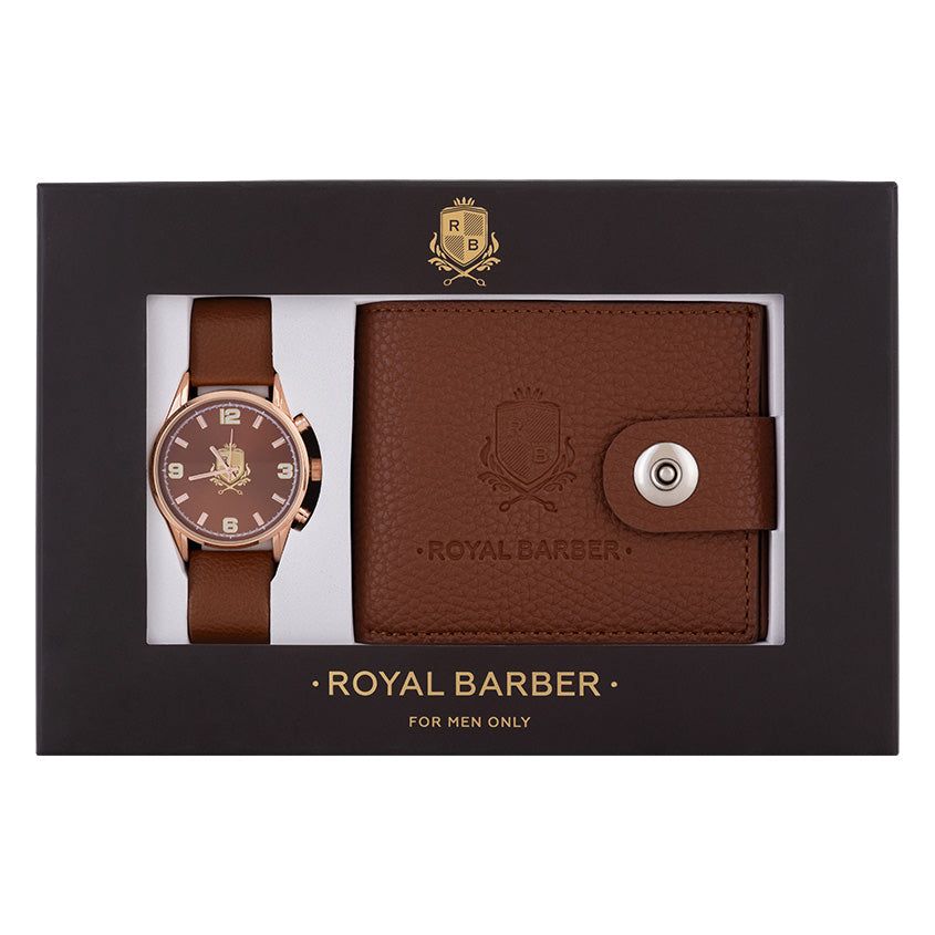 ROYAL BARBER رويال باربر مجموعة الإكسسوارات مع ساعة ومحفظة باللون البني، قطعتان