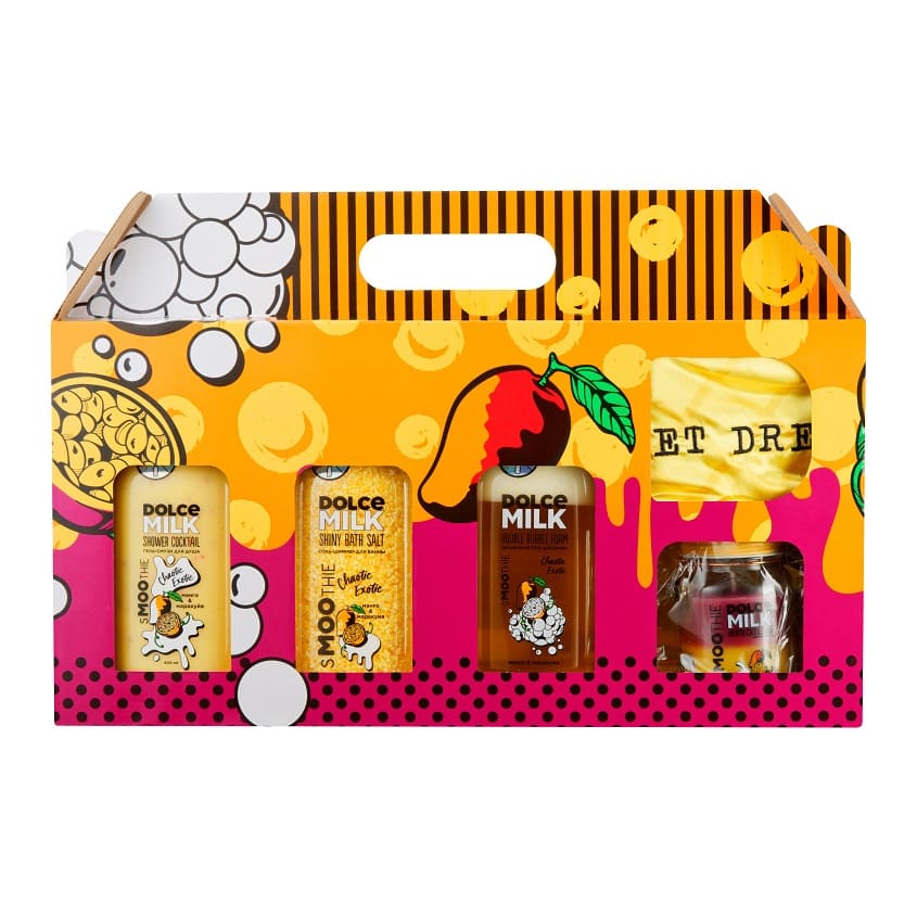 DOLCE MILK SET 238 (salt+smoothie s.g+bath foam Chaotic Exotic 400ml+candle Chaotic Exotic 85g)box – online store