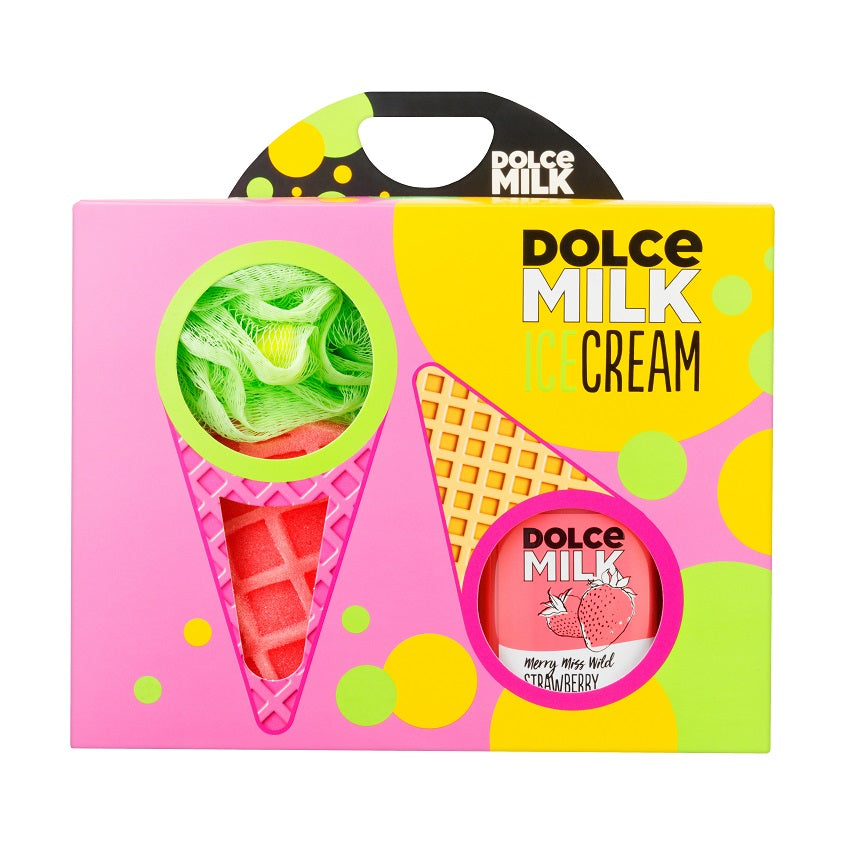 DOLCE MILK Set 257 (sponge ice cream pink/green + shower gel Merry Miss Wild Strawberry 300 ml) box – buy online