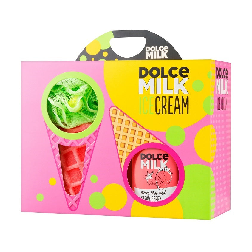 DOLCE MILK Set 257 (sponge ice cream pink/green + shower gel Merry Miss Wild Strawberry 300 ml) box – online store