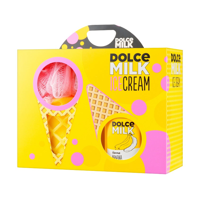 DOLCE MILK Set 258 (sponge ice cream yellow/pink + shower gel Hanna Banana 300 ml) box – buy online