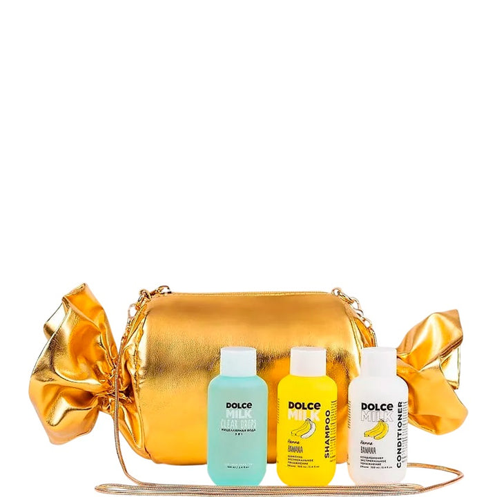 Gifts for her – Set 270 (shampoo+conditioner+micellar water Banana 100 ml) gold bag