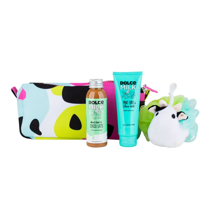 Body care products Set 300 (shower gel Mint+hand cream Mint+sponge cow) cosmetic bag