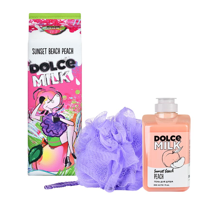 DOLCE MILK Set 325 (sponge violet + shower gel Sunset beach peach 300 ml) bag