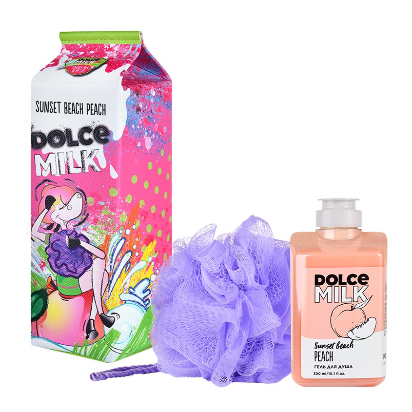 DOLCE MILK Set 325 (sponge violet + shower gel Sunset beach peach 300 ml) bag – free delivery