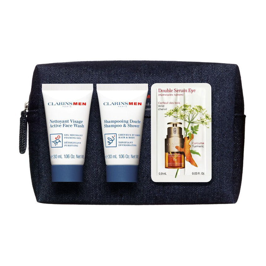 CLARINS SET (GEL 50ML+SHAMPOO&SHOWER 30ML+FACE WASH TRIAL 30ML+EYE SERUM SACHET 0.9ML+CASE) – free delivery