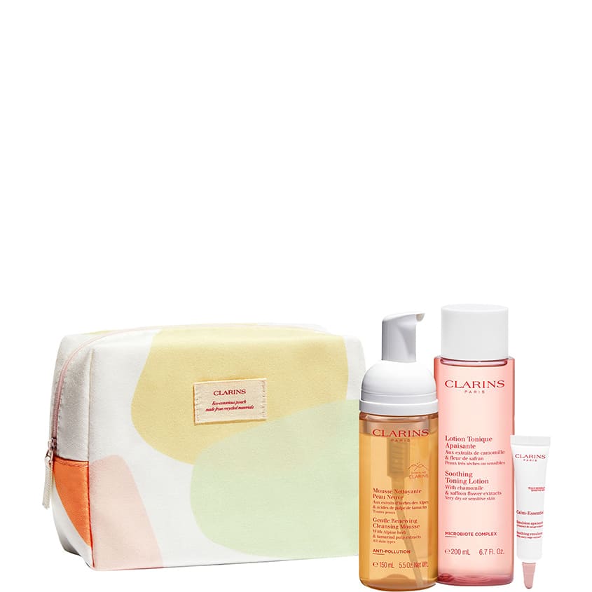 CLARINS SET (SOOTHING LOTION 200 ML+FOAMING FOAMER 150ML+CALM ESSENTIEL EMULSION 10ML+CLEANSING PURSE)