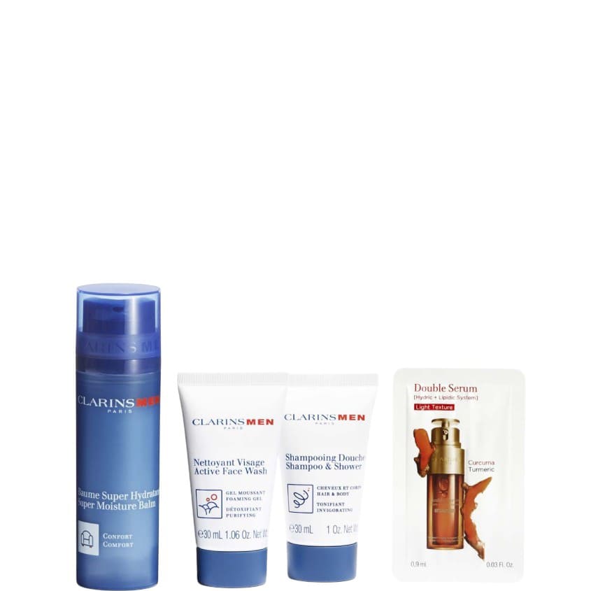CLARINS SET(MEN BALM 50ML+FACE WASH FOAM. GEL 30ML+SHAMPOO-SHOWER HAIR-BODY 30ML+DOUBLE SERUM EYE 0.9ML)
