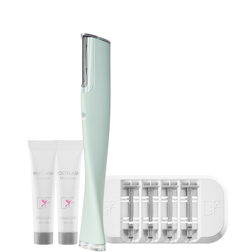 DERMAFLASH مجموعة ديرمافلاش لوكس+ سونيك ديرما بلانينج + إزالة الوبر بلون الخوخ، أخضر جليدي