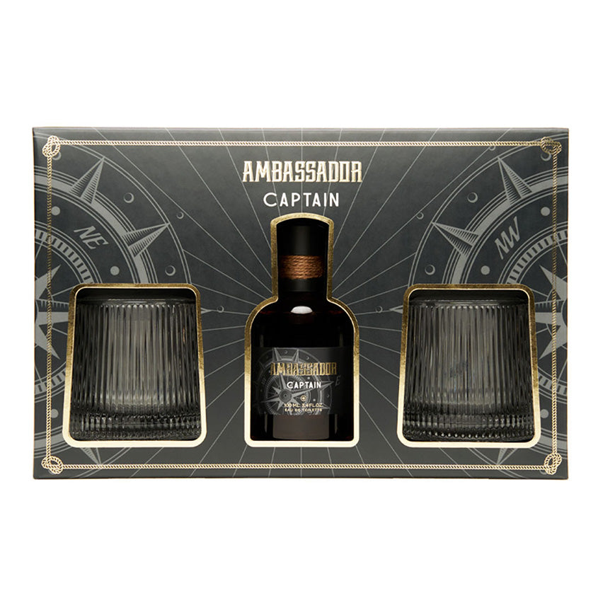 PRET-A-PARFUM أمباسادور بيرفيوم سيت ويذ غلاسس كابتن، إيو دو تواليت، سبراي 100 مل + 2 غلاسس