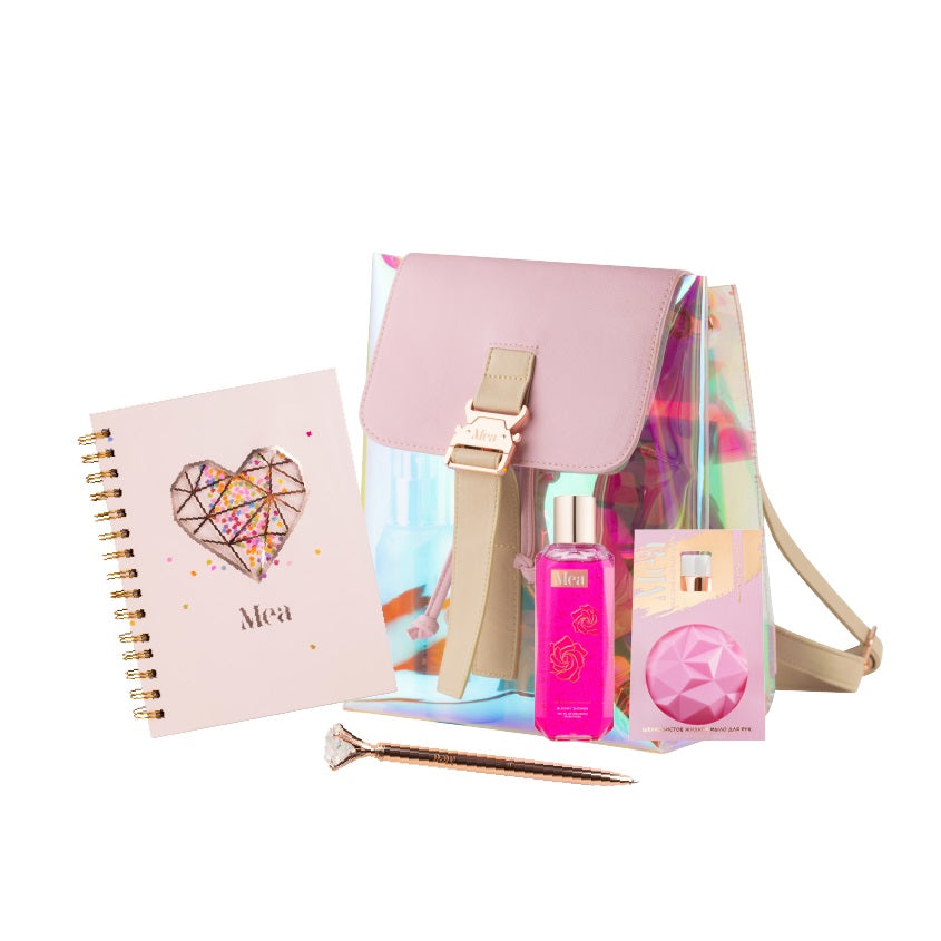 Set 47 Mea Backpack hologram dark pink (sh gel100+fluid100+pen+notebook)
