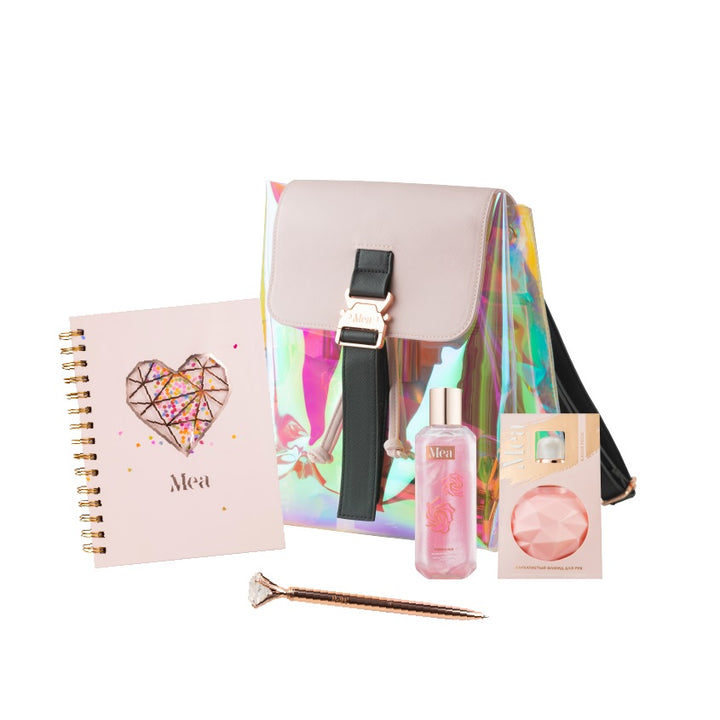 Body care products Set 48 Mea Backpack hologram pink (sh gel100+fluid100+pen+notebook)