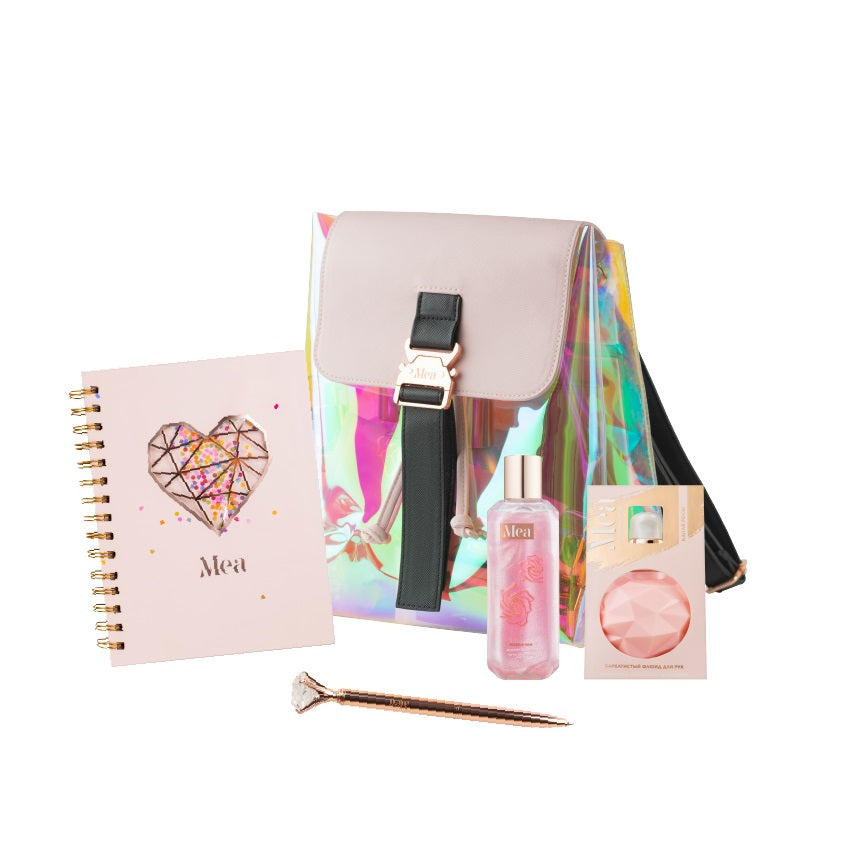 Set 48 Mea Backpack hologram pink (sh gel100+fluid100+pen+notebook)