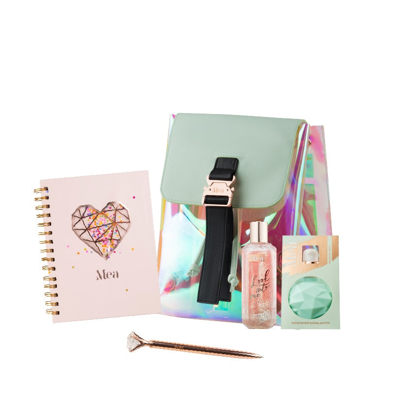Set 49 Mea Backpack hologram green (sh gel100+fluid100+pen+notebook)