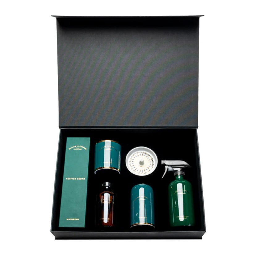 WALLACE & COMPANY VETIVER CEDAR SET (CANDLE 300 ML + ROOM SPRAY 500 ML + DIFFUSER 250 ML + STICKS + INCENSE DISH)